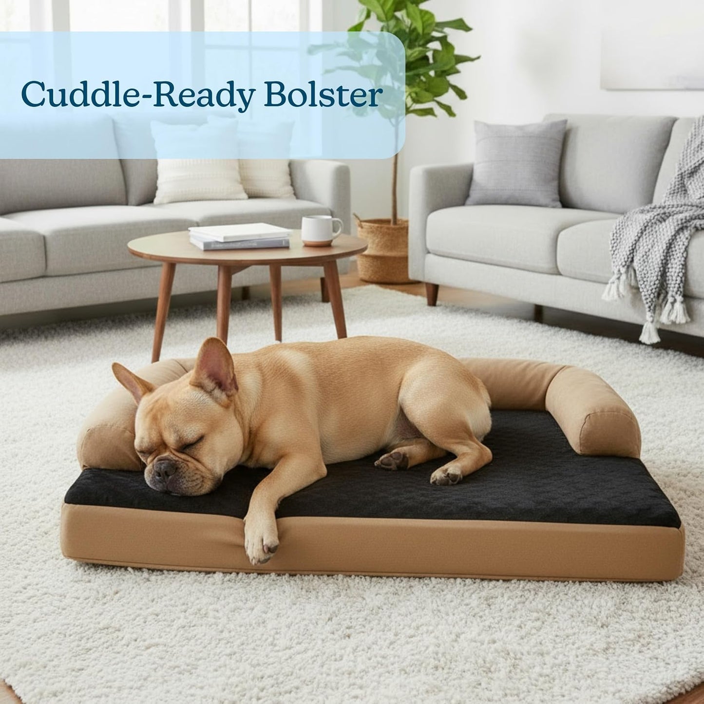 Sofa Dog Bed – 35.5X25.5 Pet Bed - 3-Layer Orthopedic Dog Couch with Cooling Gel, Memory Foam and Neck Bolster (Tan/Black), Large