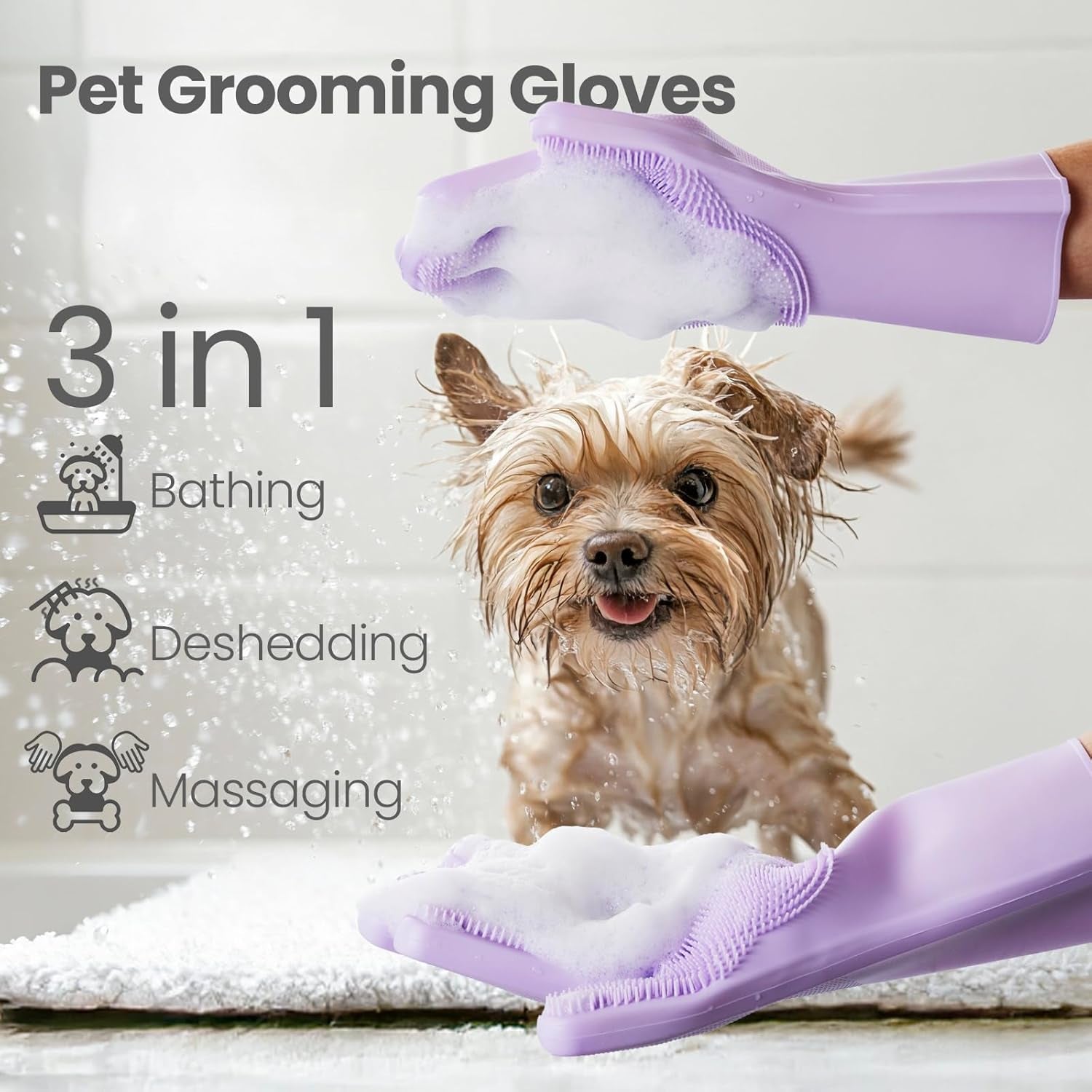 Pet Grooming Gloves 1 Pair: Soft and Gentle Silicone Dog Washing Gloves - Bathing Scrubber Brush Mitt Grooming Shedding Fur Removal Massage for Dogs/Cats/Horse, Purple