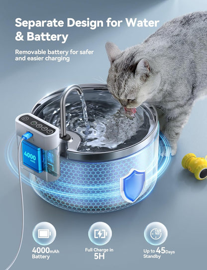 Wireless Cat Water Fountain [Water & Battery Separation]  Stainless Steel Automatic Pet Water Dispenser, 4000Mah Battery Operated Water Fountains for Cats Dogs - 3.5L/118Oz