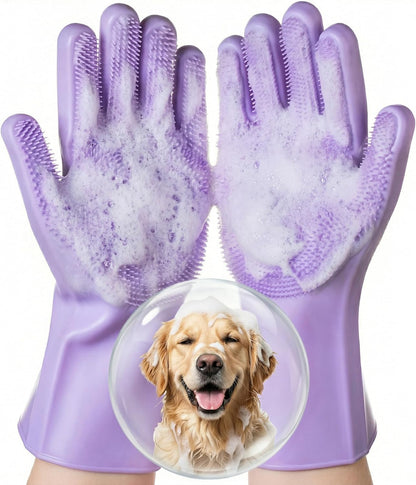 Pet Grooming Gloves 1 Pair: Soft and Gentle Silicone Dog Washing Gloves - Bathing Scrubber Brush Mitt Grooming Shedding Fur Removal Massage for Dogs/Cats/Horse, Purple