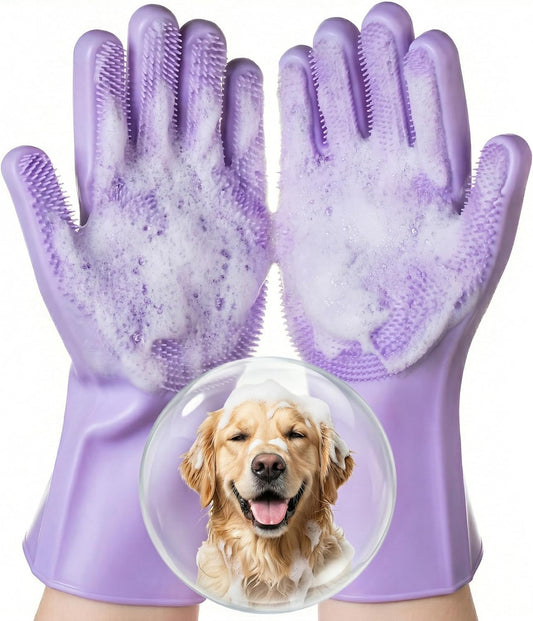 Pet Grooming Gloves 1 Pair: Soft and Gentle Silicone Dog Washing Gloves - Bathing Scrubber Brush Mitt Grooming Shedding Fur Removal Massage for Dogs/Cats/Horse, Purple