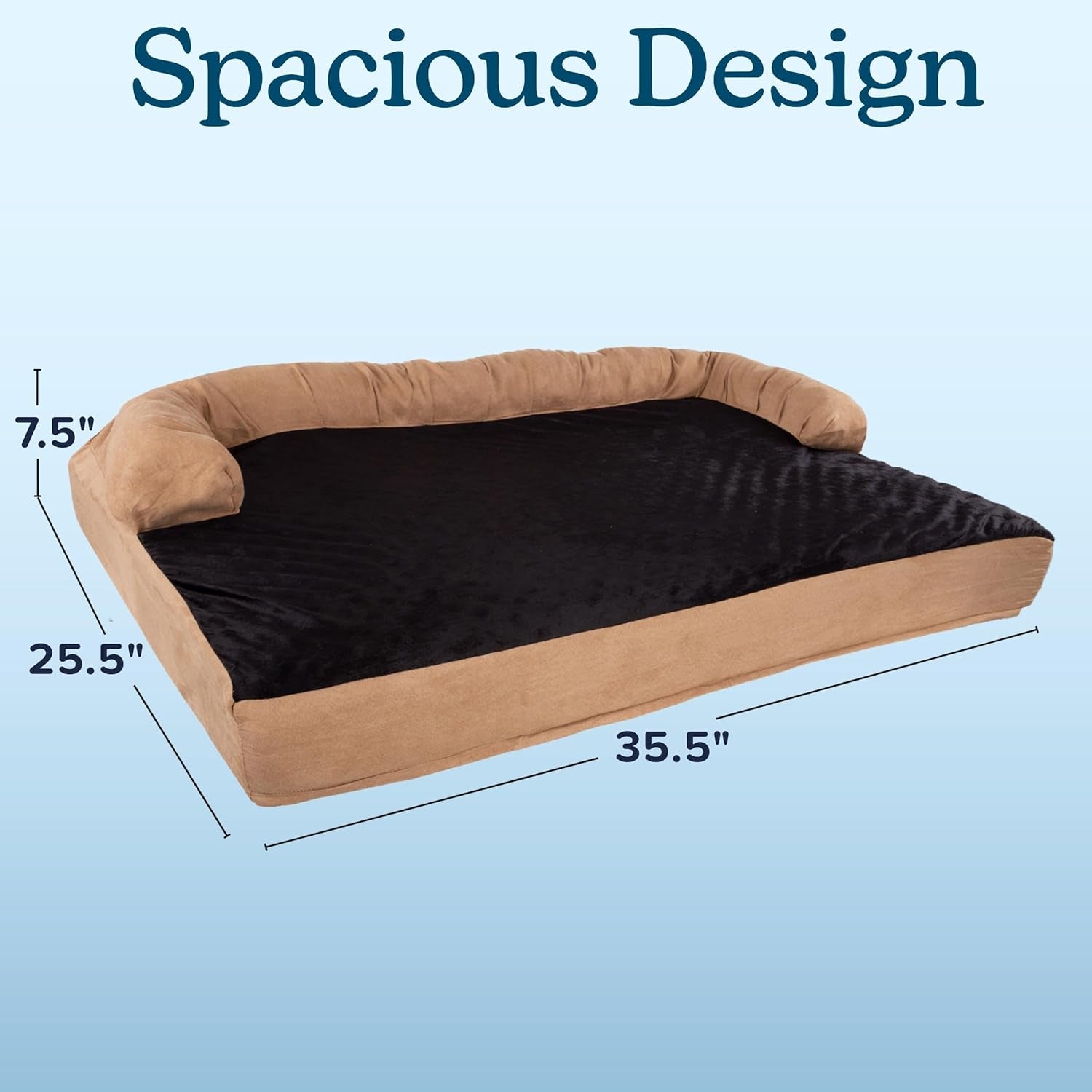 Sofa Dog Bed – 35.5X25.5 Pet Bed - 3-Layer Orthopedic Dog Couch with Cooling Gel, Memory Foam and Neck Bolster (Tan/Black), Large