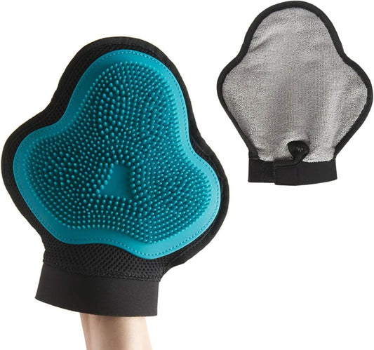 Reversible Silicone Pet Grooming Glove | Gentle Massage, Brush, Bath and Dog Hair Removal Mitt | One Size Fits All | Blue