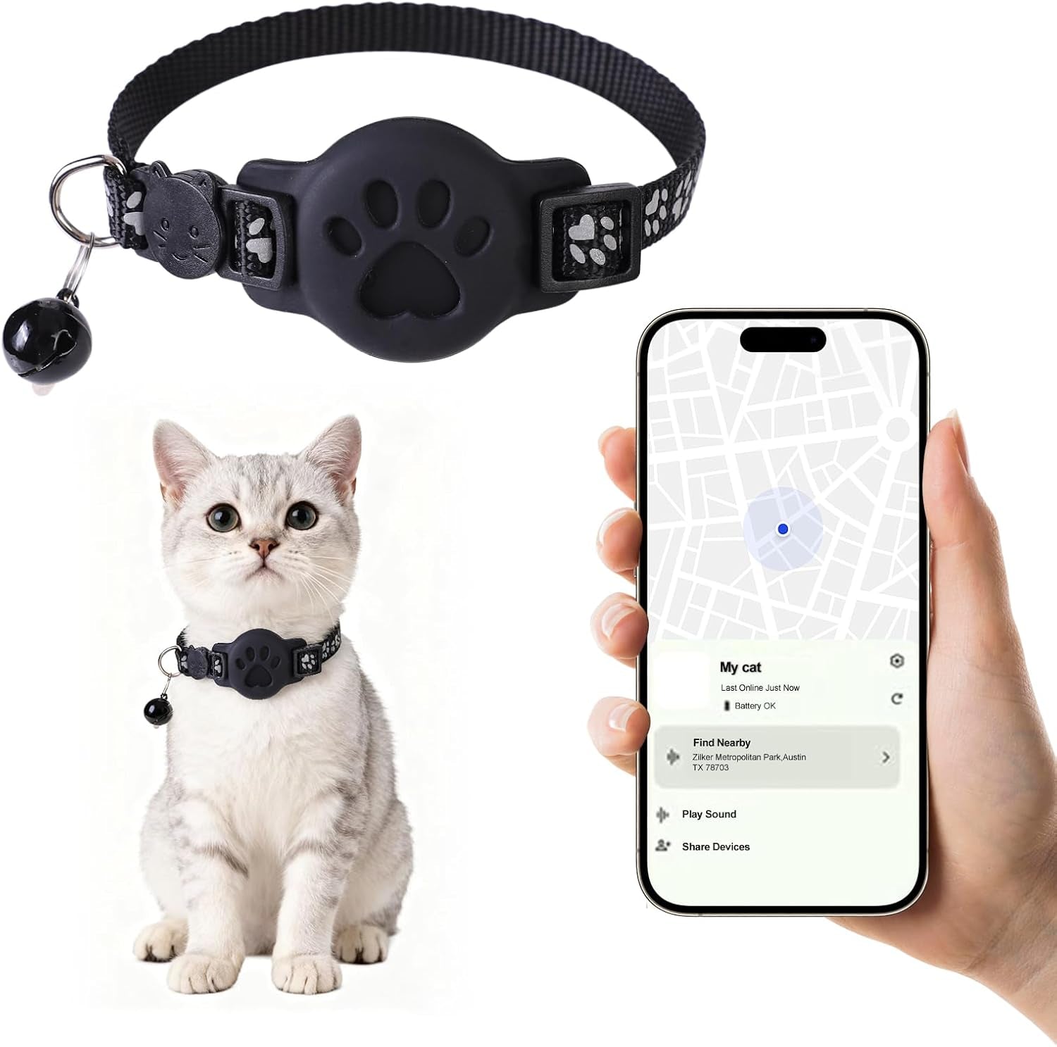 GPS Cat Collar with Bluetooth Tracker Holder - Breakaway Adjustable (7.5-12.6") for Small Cats for Ios (Findmy App) | No Monthly Fee | Waterproof Lightweight Reflective Pet Tracker