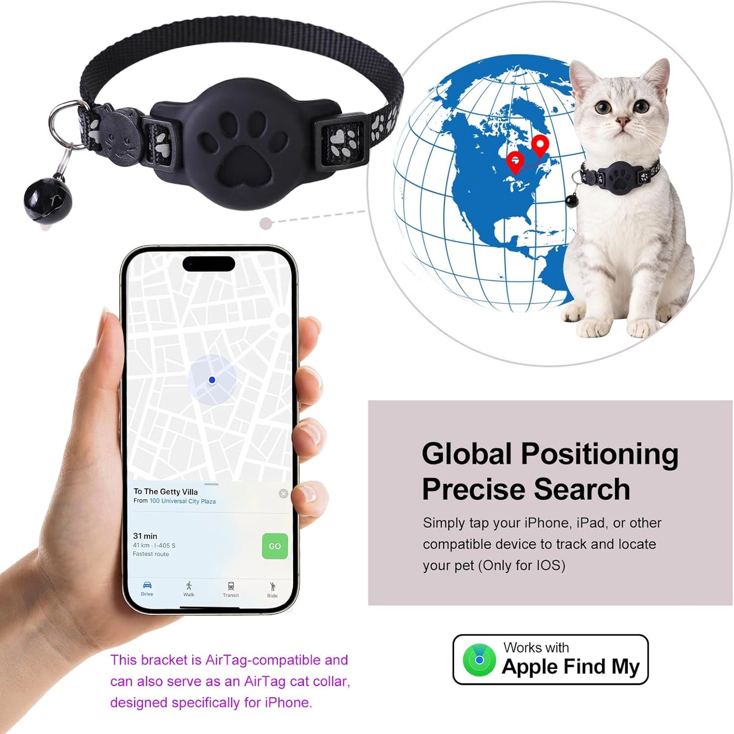 GPS Cat Collar with Bluetooth Tracker Holder - Breakaway Adjustable (7.5-12.6") for Small Cats for Ios (Findmy App) | No Monthly Fee | Waterproof Lightweight Reflective Pet Tracker