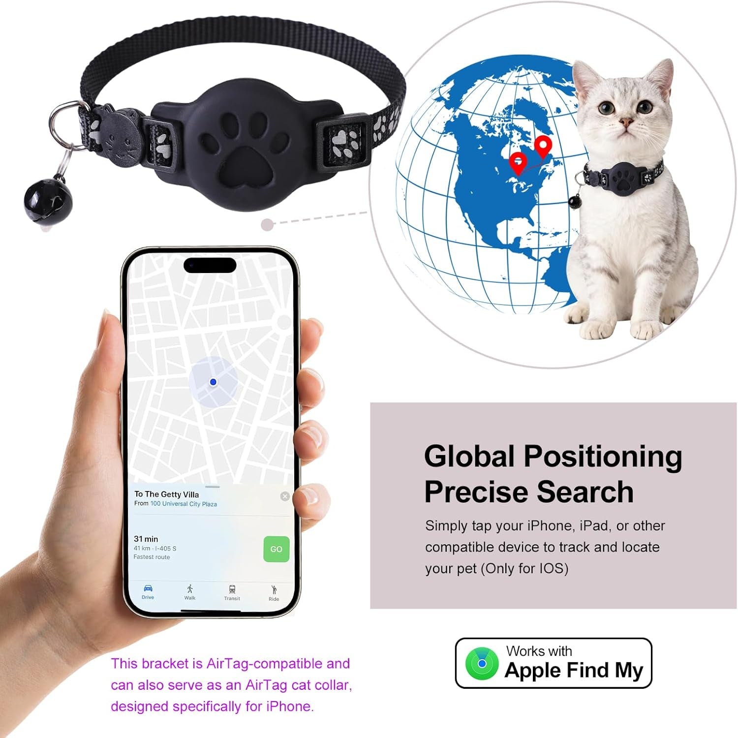 GPS Cat Collar with Bluetooth Tracker Holder - Breakaway Adjustable (7.5-12.6") for Small Cats for Ios (Findmy App) | No Monthly Fee | Waterproof Lightweight Reflective Pet Tracker