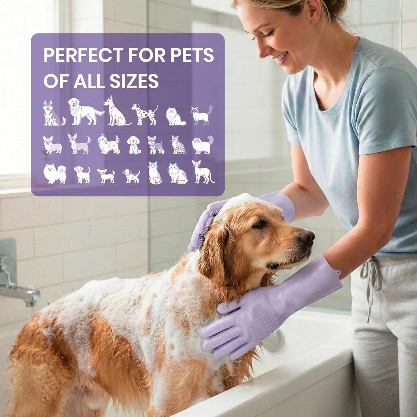 Pet Grooming Gloves 1 Pair: Soft and Gentle Silicone Dog Washing Gloves - Bathing Scrubber Brush Mitt Grooming Shedding Fur Removal Massage for Dogs/Cats/Horse, Purple