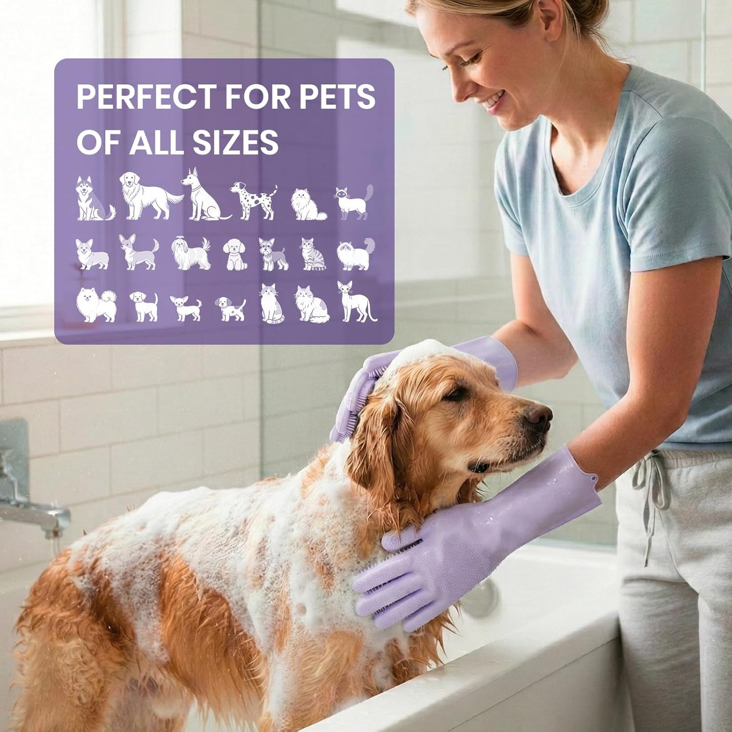 Pet Grooming Gloves 1 Pair: Soft and Gentle Silicone Dog Washing Gloves - Bathing Scrubber Brush Mitt Grooming Shedding Fur Removal Massage for Dogs/Cats/Horse, Purple