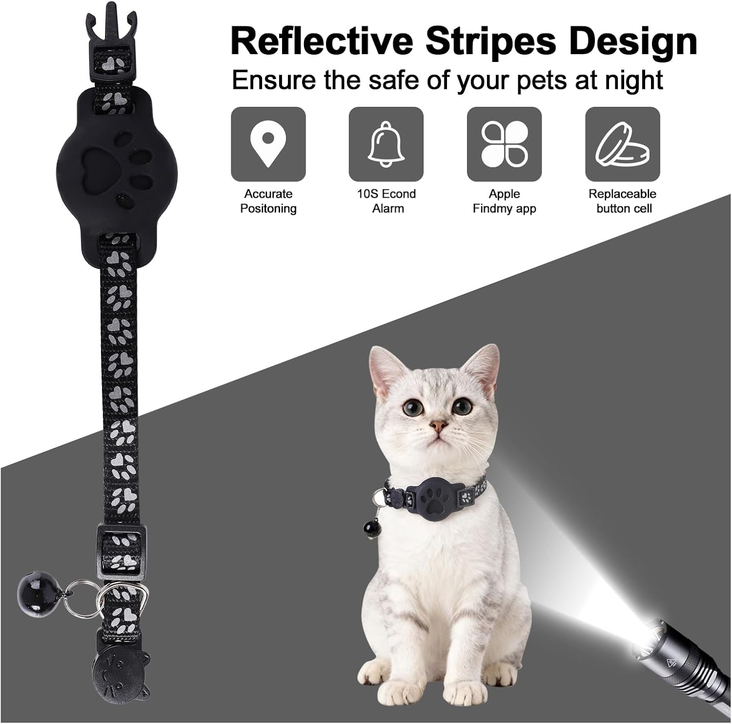 GPS Cat Collar with Bluetooth Tracker Holder - Breakaway Adjustable (7.5-12.6") for Small Cats for Ios (Findmy App) | No Monthly Fee | Waterproof Lightweight Reflective Pet Tracker