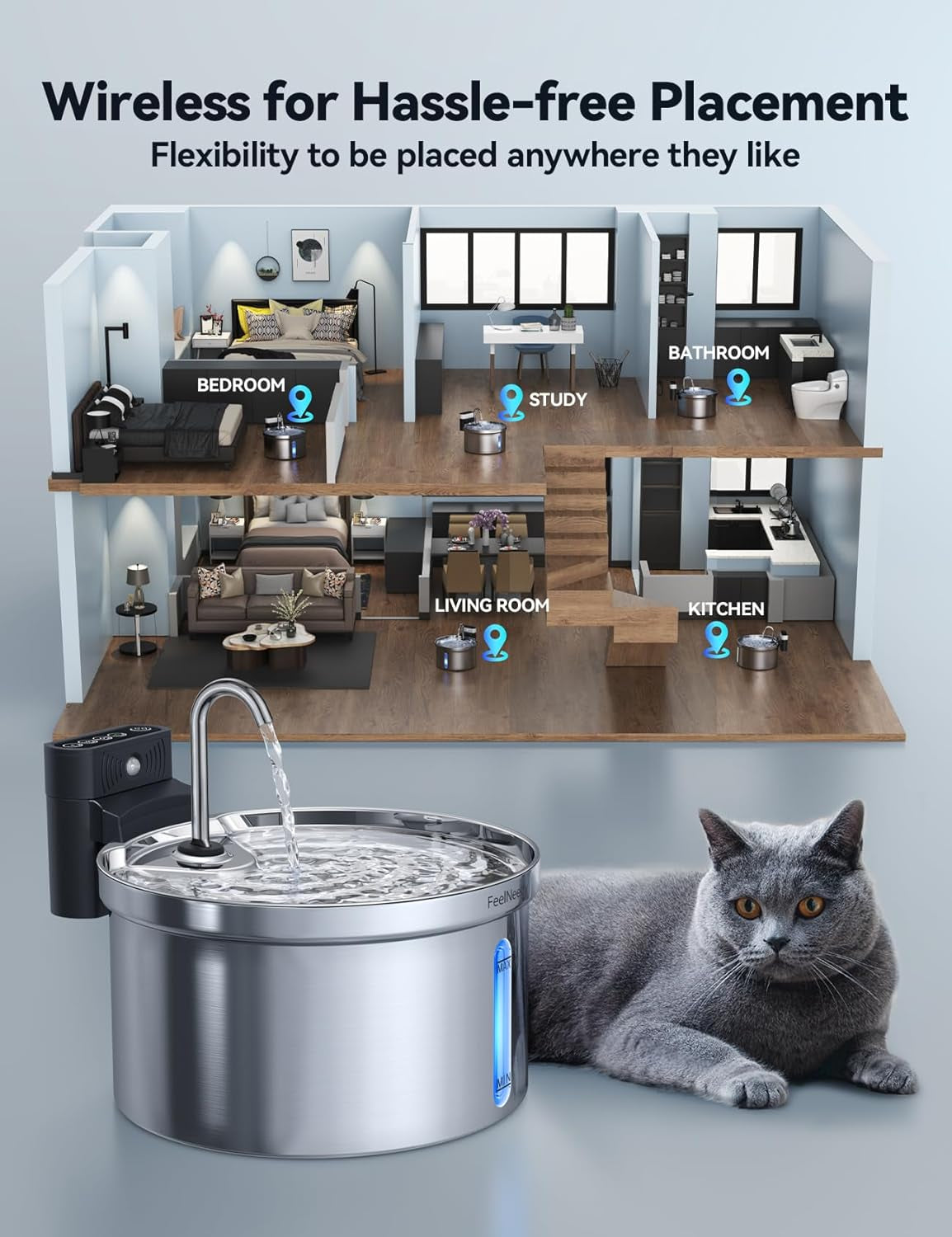 Wireless Cat Water Fountain [Water & Battery Separation]  Stainless Steel Automatic Pet Water Dispenser, 4000Mah Battery Operated Water Fountains for Cats Dogs - 3.5L/118Oz