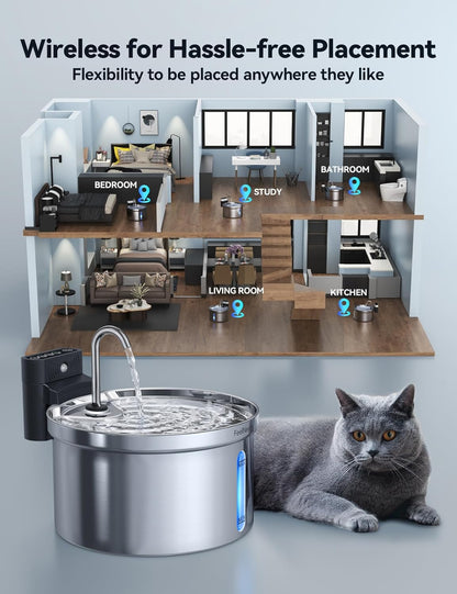 Wireless Cat Water Fountain [Water & Battery Separation]  Stainless Steel Automatic Pet Water Dispenser, 4000Mah Battery Operated Water Fountains for Cats Dogs - 3.5L/118Oz