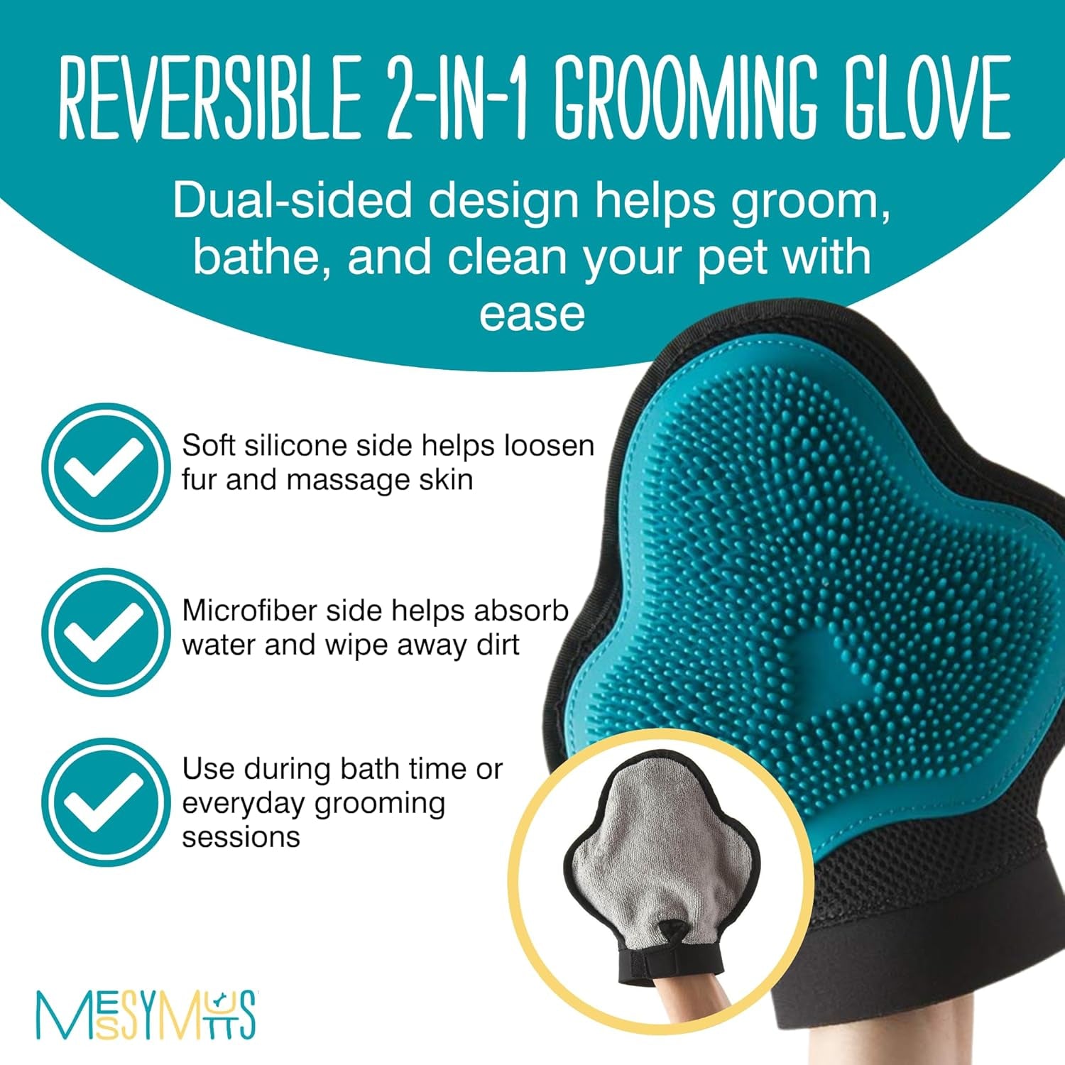 Reversible Silicone Pet Grooming Glove | Gentle Massage, Brush, Bath and Dog Hair Removal Mitt | One Size Fits All | Blue