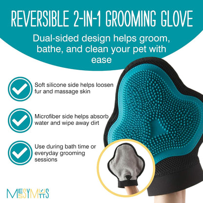 Reversible Silicone Pet Grooming Glove | Gentle Massage, Brush, Bath and Dog Hair Removal Mitt | One Size Fits All | Blue